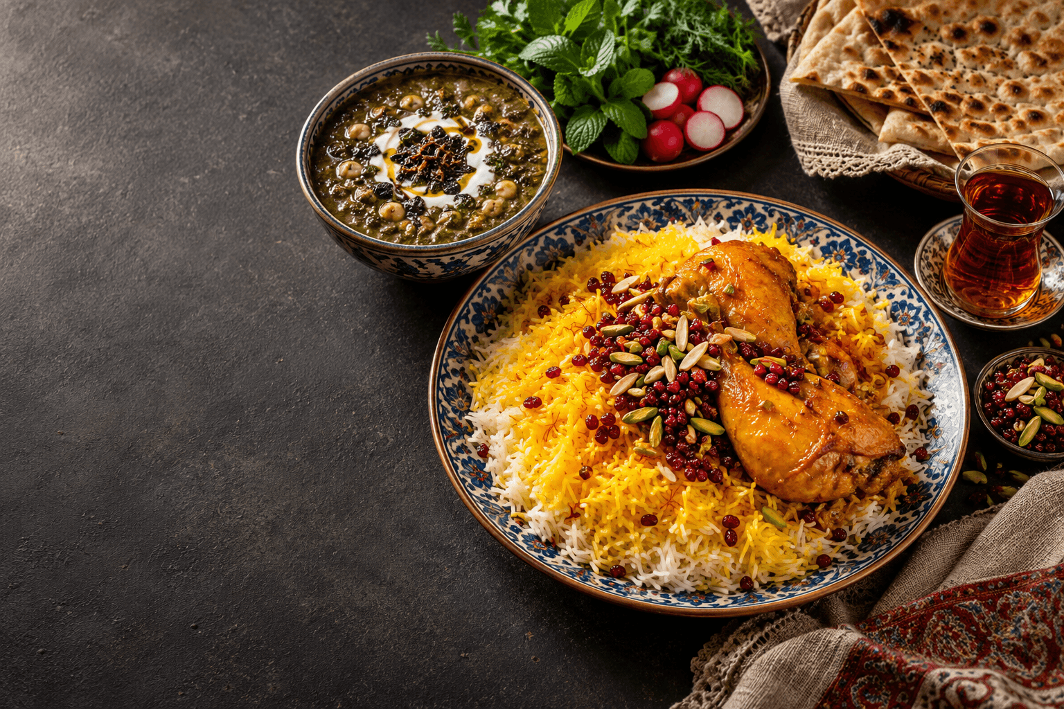 Persian rice, chicken, soup, herbs and tea on a family table